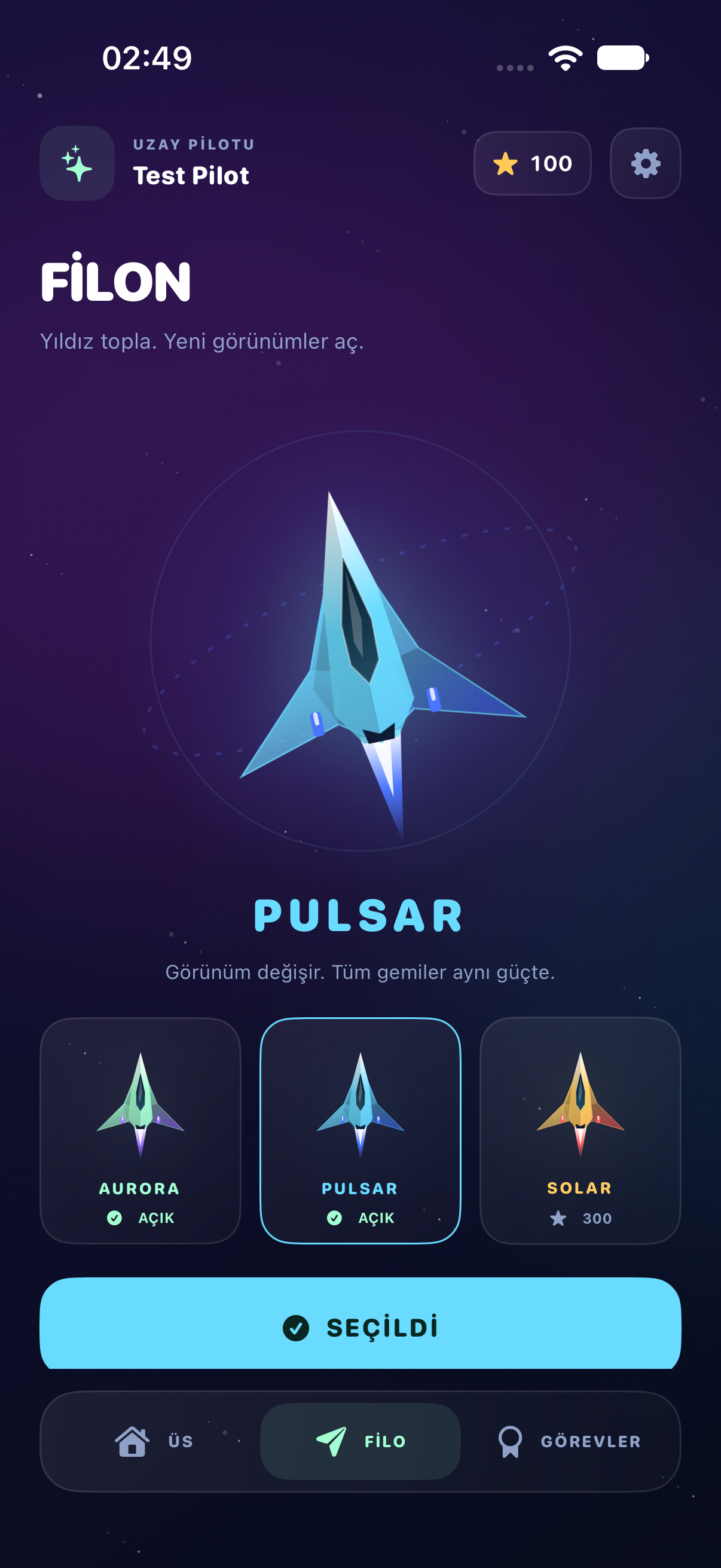 Aurora, Pulsar ve Solar gemi görünümleri