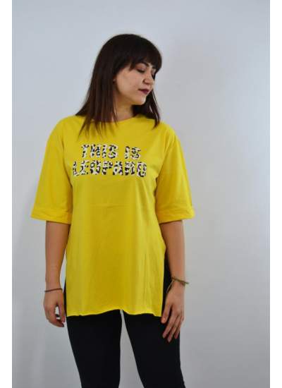 Yazı Baskılı Duble Kol Yırtmaçlı Oversize Kadın T-Shirt Sarı